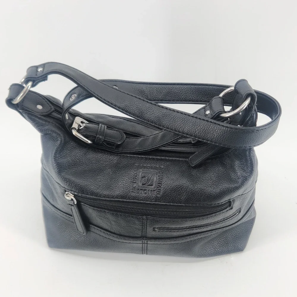 Stone Mountain Black Leather Crossbody Bag Dual Zip Top Multi Pocket Studded